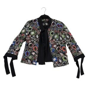 Zara Embroidered Cropped‎ Jacket XS Tie-Front Black Floral Bolero